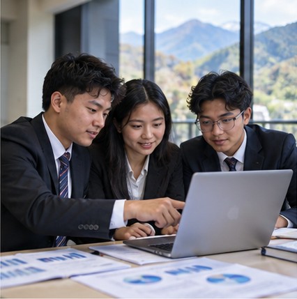 Commerce and management students collaborating on a business project