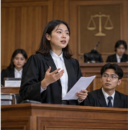 Law students participating in a moot court session