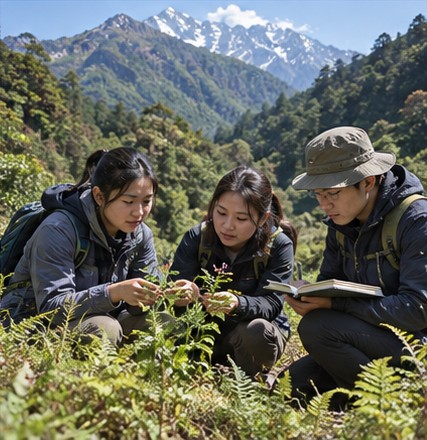 Life sciences students conducting botanical fieldwork in the Himalayan foothills