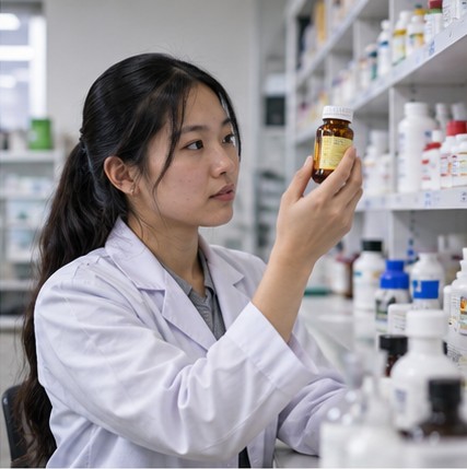 Pharmacy student examining a medicine sample